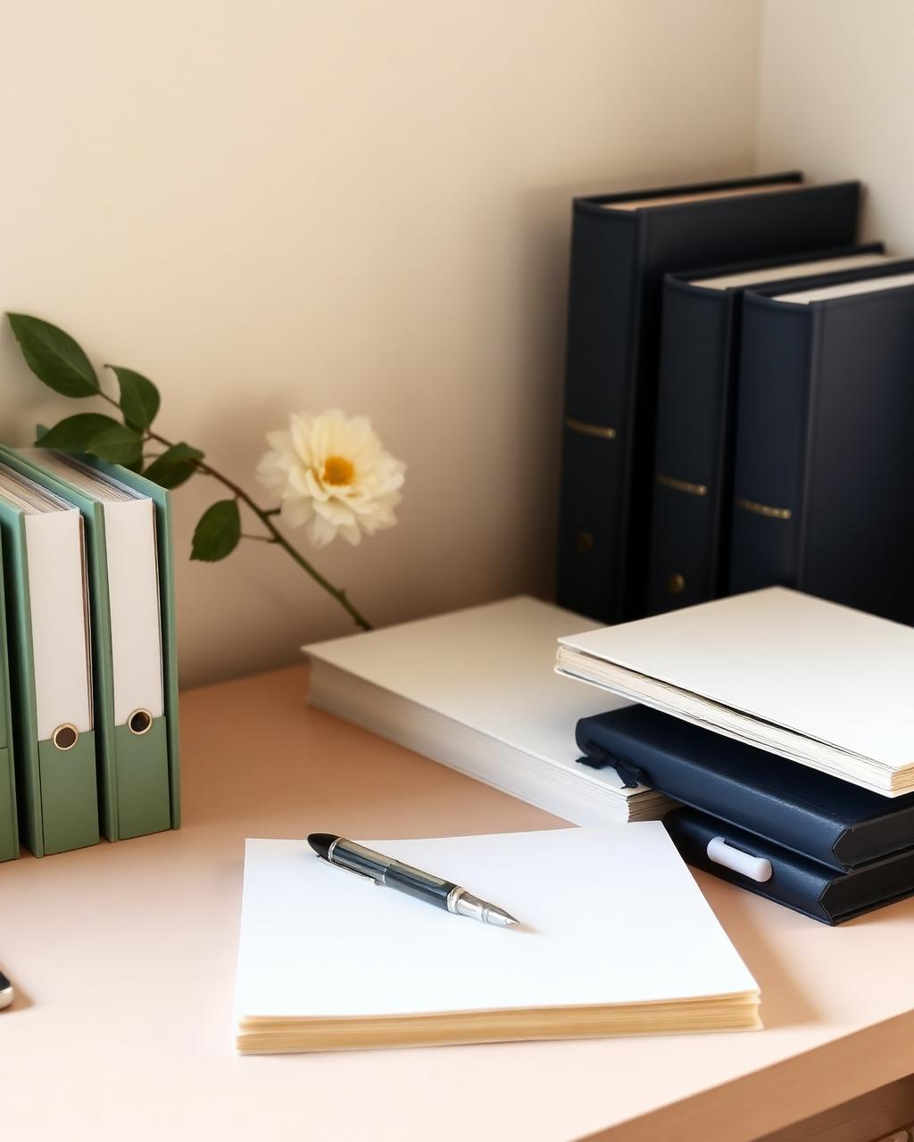 Organized bookkeeping office in Cape Town with sage folders and navy ledgers