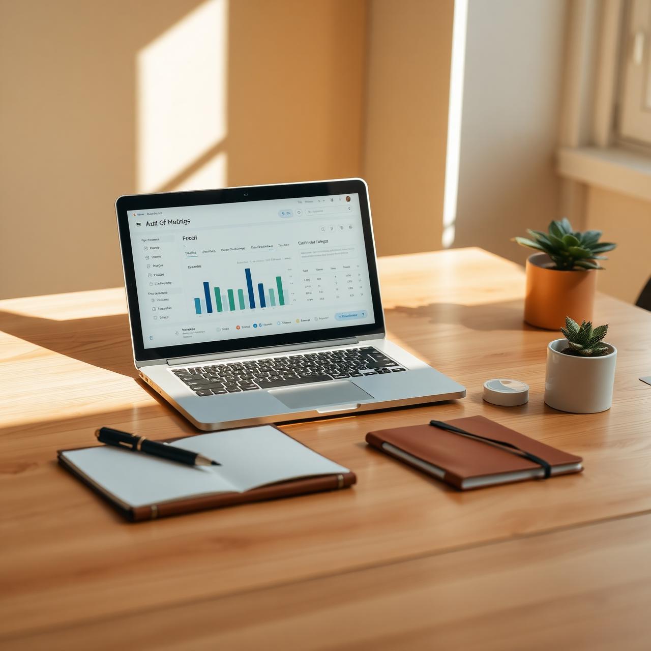 Calm organized bookkeeping desk with a cloud accounting dashboard on a laptop